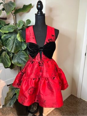 If By Sea Red Black Floral Jacquard Velvet Bow Cutout Tiered Babydoll Mini Dress